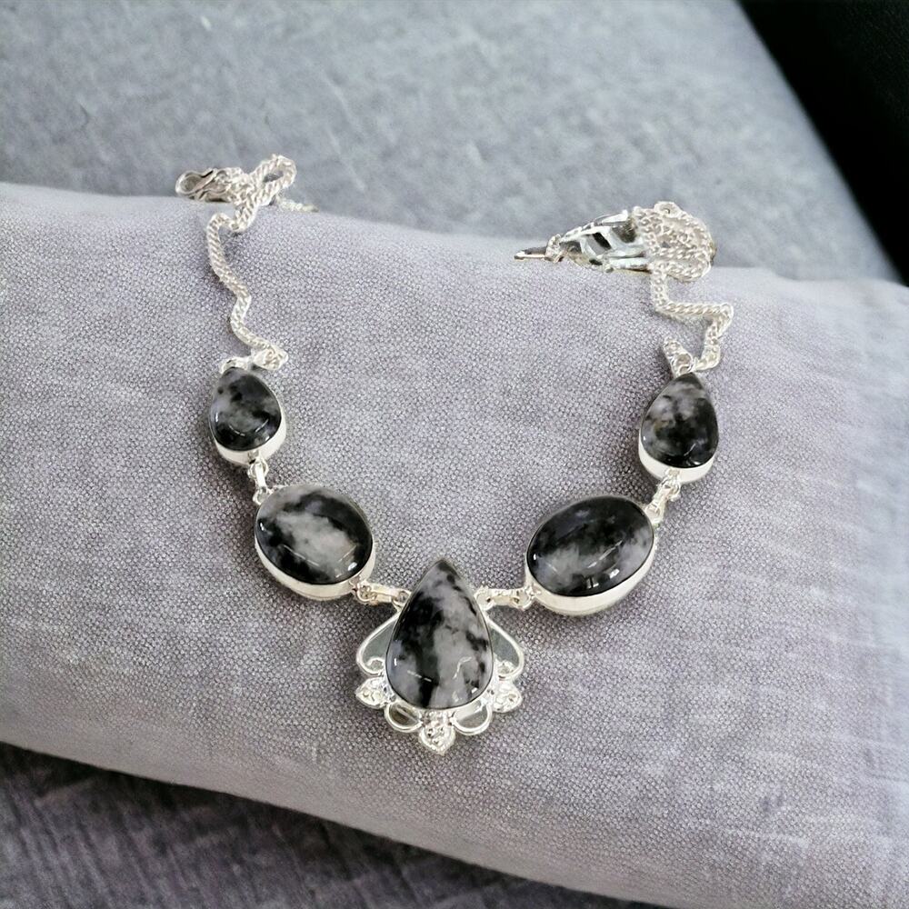 Zebra Marble Statement Necklace - Bold Silver Boho Artisan Design